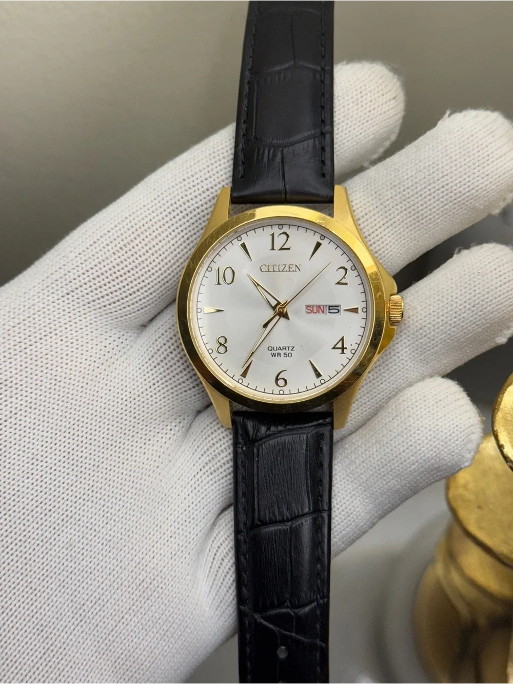 Citizen Classic Gold Case White Dial Watch with Black Leather Strap daydate mens